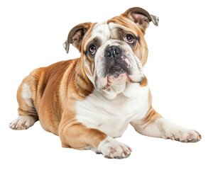 Obraz premium A brown and white dog is laying on a white background