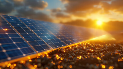 Close-up of solar panels at sunrise, harnessing renewable energy with a scenic backdrop of sun and clouds, symbolizing clean energy solutions.