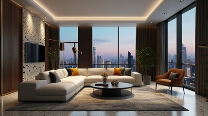 Fototapeta premium Modern style luxury interior with city view 3d render, There are terrazzo floor decorated wall with hidden light