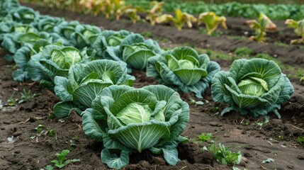 Naklejka premium A vegetable plot with vibrant cabbage heads, growing in neat rows.