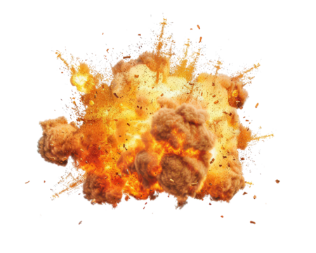 A large explosion of fire and smoke is depicted in the image. The explosion is so powerful that it has created a cloud of dust and debris, which is scattered all over the scene