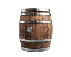 Obraz premium A wooden barrel with a silver cap on top. The barrel is empty and sits on a white background