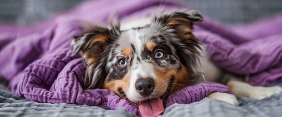 adorable mini aussie lying on purple blanket with tongue hanging out - cute silly blue merle miniature australian shepherd dog on bed