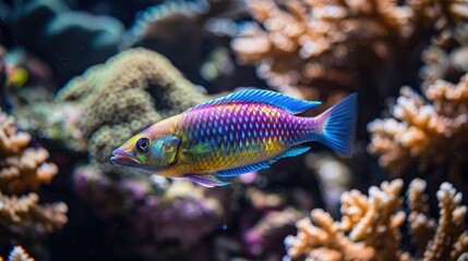 Obraz premium A vibrant wrasse fish swimming among the coral formations.