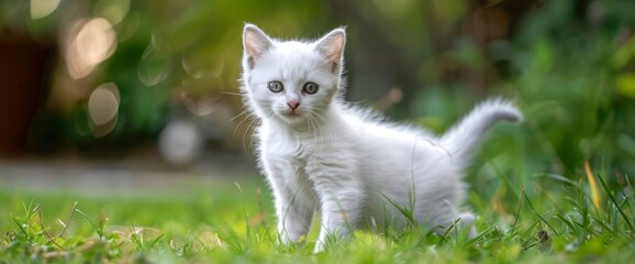 Adorable white kitten with gray eyes standing on the lawn