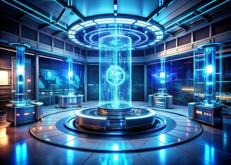 Futuristic laboratory setting features a sleek, glowing quantum teleportation device, surrounded by holographic displays and webs of neon-lit circuitry, pulsing with otherworldly energy.