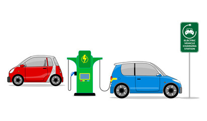Illustration of an electric car being charged at a charging station. - 3d illustration