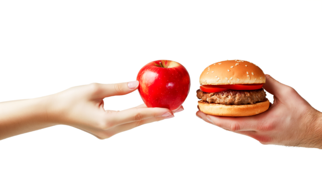 Hands holding healthy red apple and unhealthy cheeseburger, illustrating choice concept and nutritional comparison, photorealistic style with studio lighting, isolated PNG on transparent background.