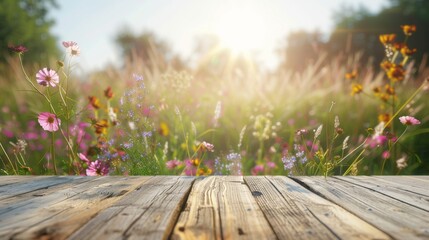 Summer Meadow with Wooden Plank Background