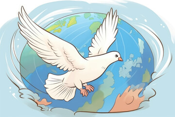 Obraz premium generated illustration of International Day of Peace. White dove on the background of the world map