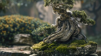 Fototapeta premium Ancient bonsai tree with a thick, gnarled trunk and a story of years gone by.