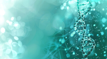 Abstract background with double helix of DNA and biembaliacryl bubbles on blue green background