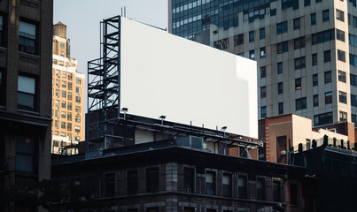 a wide white billboard on top of a building, in new york, mockup,generative ai