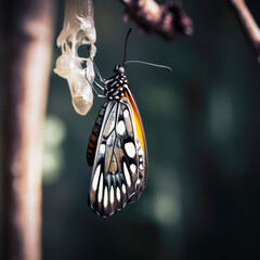 generated illustration of fragile butterfly emerging from its chrysalis.