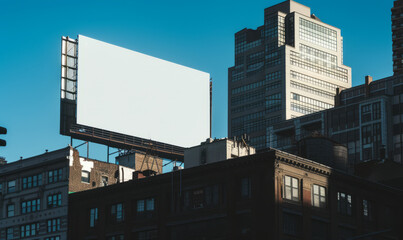 a wide white billboard on top of a building, in new york, mockup,generative ai