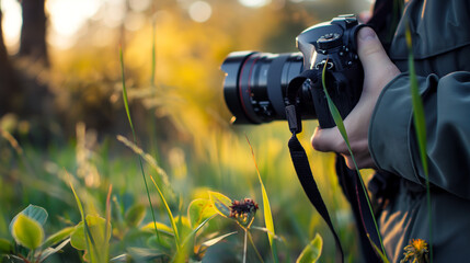 Capturing Nature's Beauty at Dawn With a Camera in a Lush Green Field