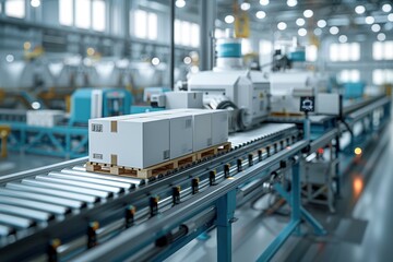 Naklejka premium Parcel boxes on a conveyor belt in a factory bokeh style background