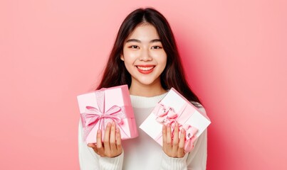 A smiling asian woman in a white sweater holding two adorable gift boxes with ribbons, standing on a pink pastel background