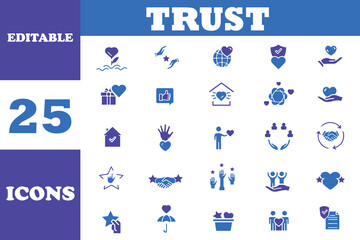Trust minimal icon set. Trust related icons : confidence, credibility, promise, trustworthy, friends, truth, faith, sincerity and honesty. Vector illustration flat icons collection.