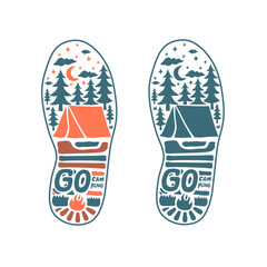camp footprints and campfire illustration.vector adventure in the forest