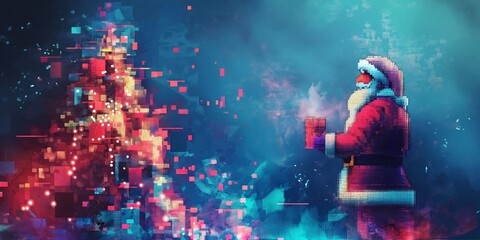 Digital Santa Claus admiring pixelated Christmas tree, festive, holiday, Christmas, winter, digital art concept