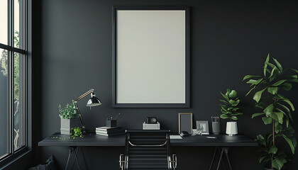 floating shelf in clean black wall with empty frame