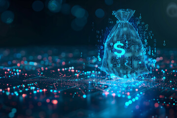 Digital Blue Moneybag: Dollar $ Icon with Binary Code, AI Financial Transactions, Fraud Detection Algorithms, Portfolio Management, Personalized Financial Planning Services Money Bag Payment Funds