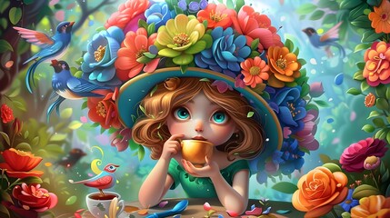 Fototapeta premium Whimsical Floral Adorned Girl Sipping Tea Amidst Lush Forest and Birds