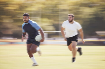 Fototapeta premium Rugby, competition and men or running on field for sports, performance and ball for cardio. Motion or action, athlete and playing game outdoor for fitness, exercise and training for match and speed