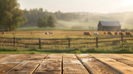 Rustic Wooden Plank Tabletop with Blurred Farm Background
