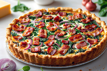 Spinach and Bacon Quiche: Buttery pie crust filled with a mixture of eggs, spinach, crispy bacon, onions, and Swiss cheese.