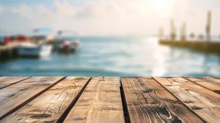 Fototapeta premium Wooden Plank Surface with Blurry Ocean Background