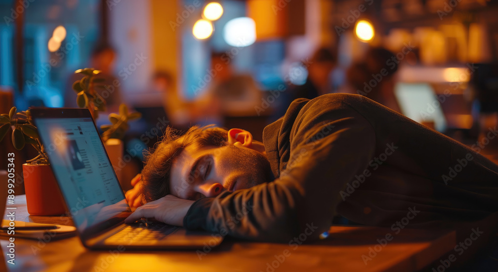 Canvas Prints a tired business man sleeping on his laptop, in an office restaurant background