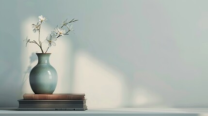 A simple scene of a flower in a vase on top of two books in the corner, against a pure white abstract background.