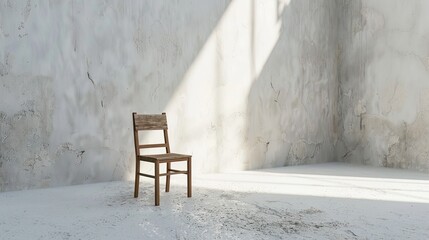 A wooden chair lies clumsily in the corner of a room with an abstract white background, adding to the sense of absurdity.