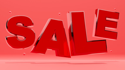 Graphic icon. red text of sale, red crystal glass text on red background. 3d rendering