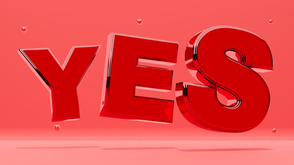 Graphic icon. red text of yes, red crystal glass text on red background. 3d rendering