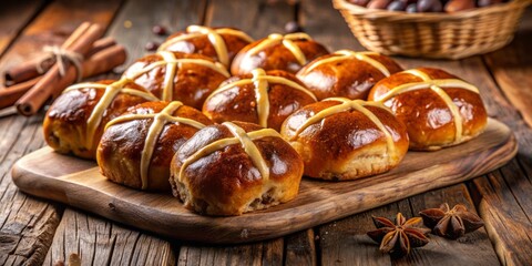 Freshly baked, golden brown hot cross buns adorned with sweet, sticky glaze and sprinkled with aromatic spices, arranged artfully on a rustic wooden table.
