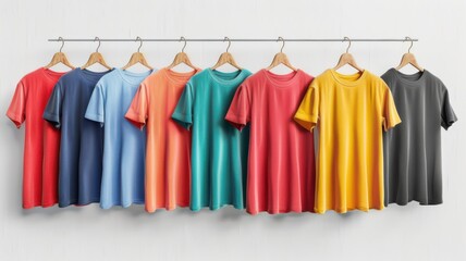 A row of shirts hanging on a rack, each with a different color
