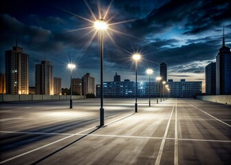 Deserted urban parking area illuminated by tall street lamps casting long shadows on the empty asphalt, surrounded by dimly lit buildings under a dark sky.