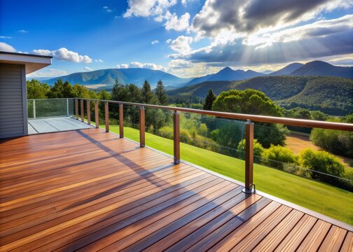 Modern wooden patio with luxurious ipe wood deck and sleek railing overlooking breathtaking panoramic views of lush green landscape and distant mountains.