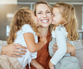 Kiss, family and portrait in lounge, mom and bonding with hug for daughter, girls and fun. Home,...