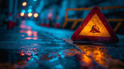 Illuminated Warning Sign Positioned on Wet Urban Road at Night During Rain