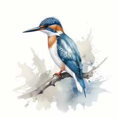 Obraz premium kingfisher on branch watercolor illustration isolated on white background 