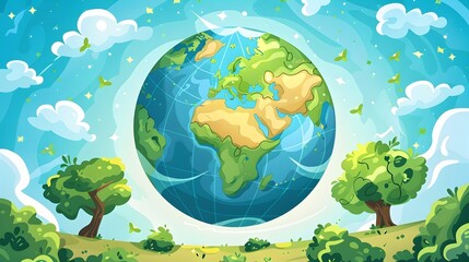 Naklejka premium Serene Planet Earth in Lush Natural Landscape with Flourishing Greenery and Clear Sky