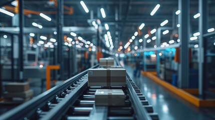 Conveyors Transporting Boxes in a Busy Distribution Warehouse During Evening Operations
