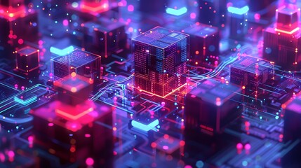 Abstract glowing neon cyberpunk city.