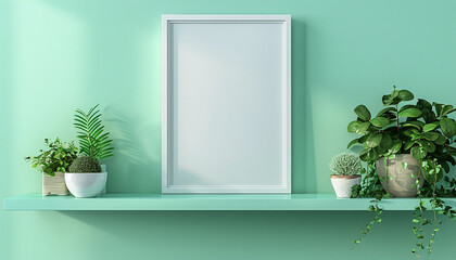 Fototapeta premium floating shelf with magic mint color wall with empty frame