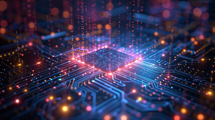 Fototapeta premium A very simple white line illustration of a CPU with data flowing in and out via lines, on a dark blue gradient background.generative ai