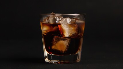 Beautiful photo of an iced espresso in a clear glass, showcasing its rich dark color and ice cubes